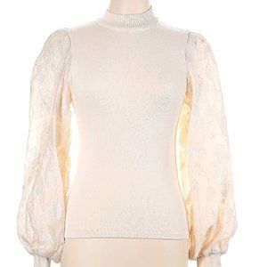 Flying Tomato cream sweater w/ lace puff statement sleeves, women's size large